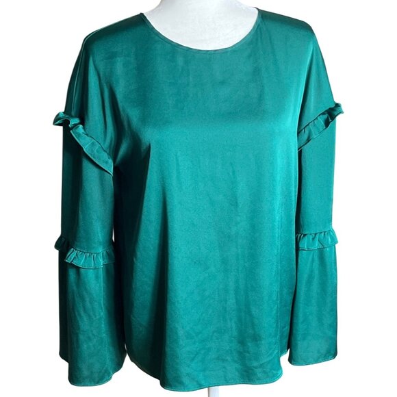 Worthington Top Green Ruffle Bell Sleeve Flowy Blouse Romantic Womens M - Picture 1 of 8